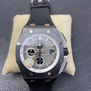 Audemars Piguet Royal Oak Offshore Chronograph Gumus Kadran Seramik Bezel Kaucuk Kordon Super Clone Eta Eta Saat karşıdan görünüm