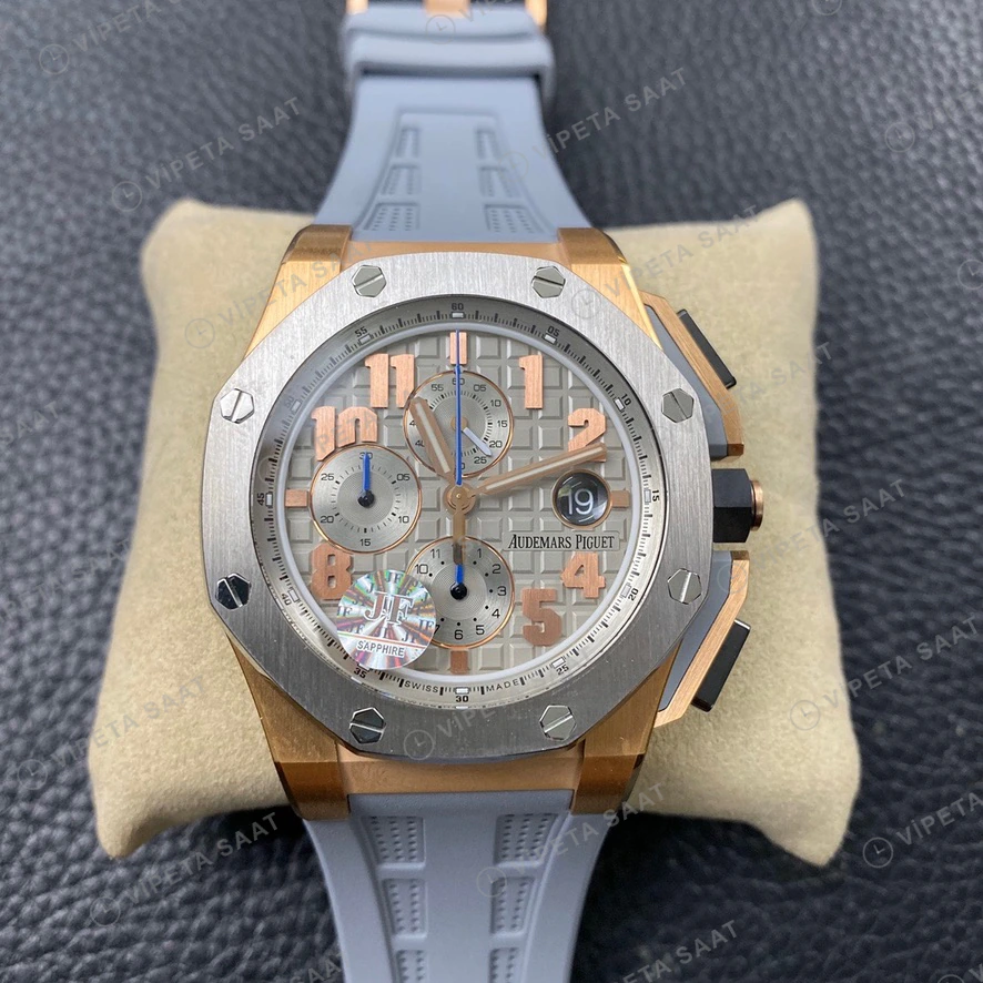 Audemars Piguet Royal Oak Offshore Chronograph Rose Altin Kasa Celik Bezel Gri Kadran Gri Kaucuk Kordon Super Clone Eta Eta Saat detay 4