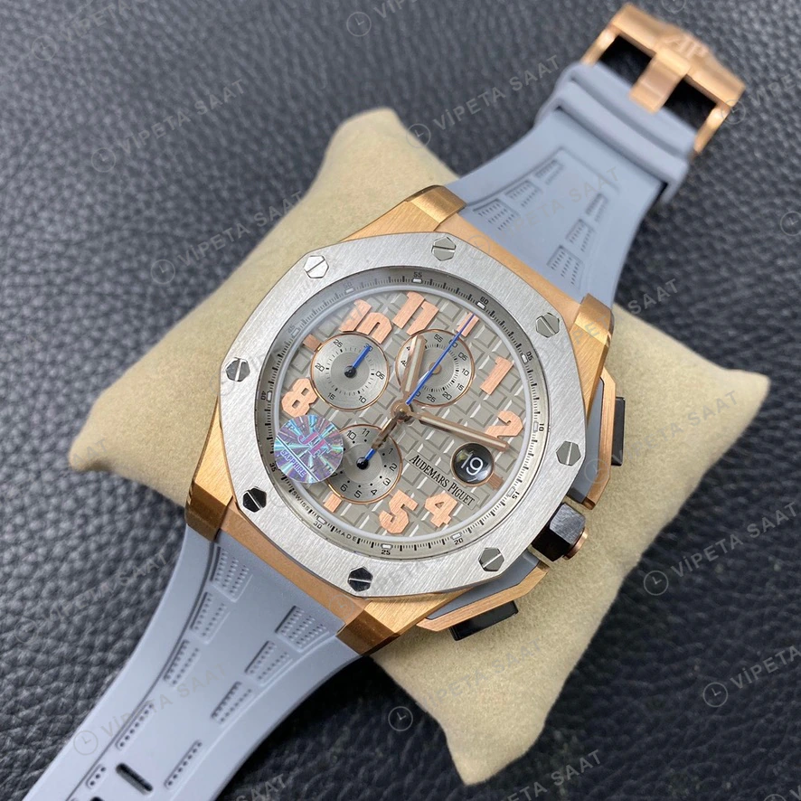 Audemars Piguet Royal Oak Offshore Chronograph Rose Altin Kasa Celik Bezel Gri Kadran Gri Kaucuk Kordon Super Clone Eta Eta Saat detay 5