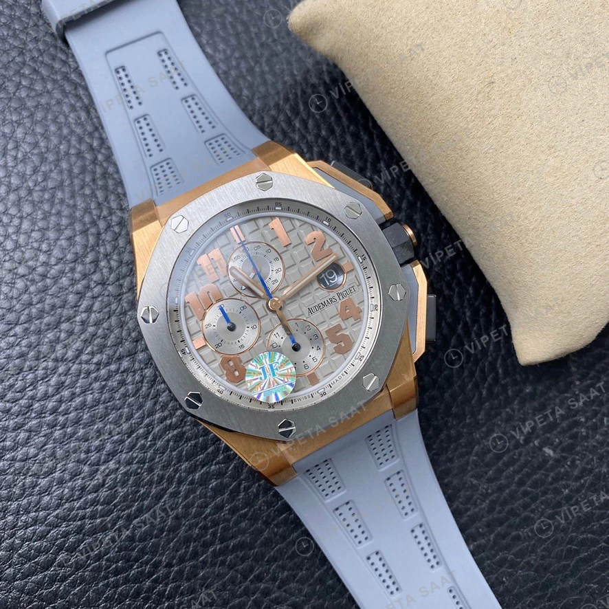 Audemars Piguet Royal Oak Offshore Chronograph Rose Altin Kasa Celik Bezel Gri Kadran Gri Kaucuk Kordon Super Clone Eta Eta Saat detay 6