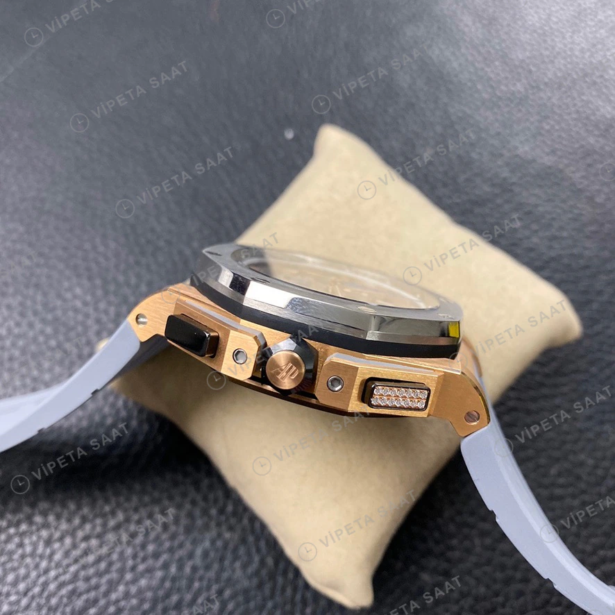 Audemars Piguet Royal Oak Offshore Chronograph Rose Altin Kasa Celik Bezel Gri Kadran Gri Kaucuk Kordon Super Clone Eta Eta Saat detay 8