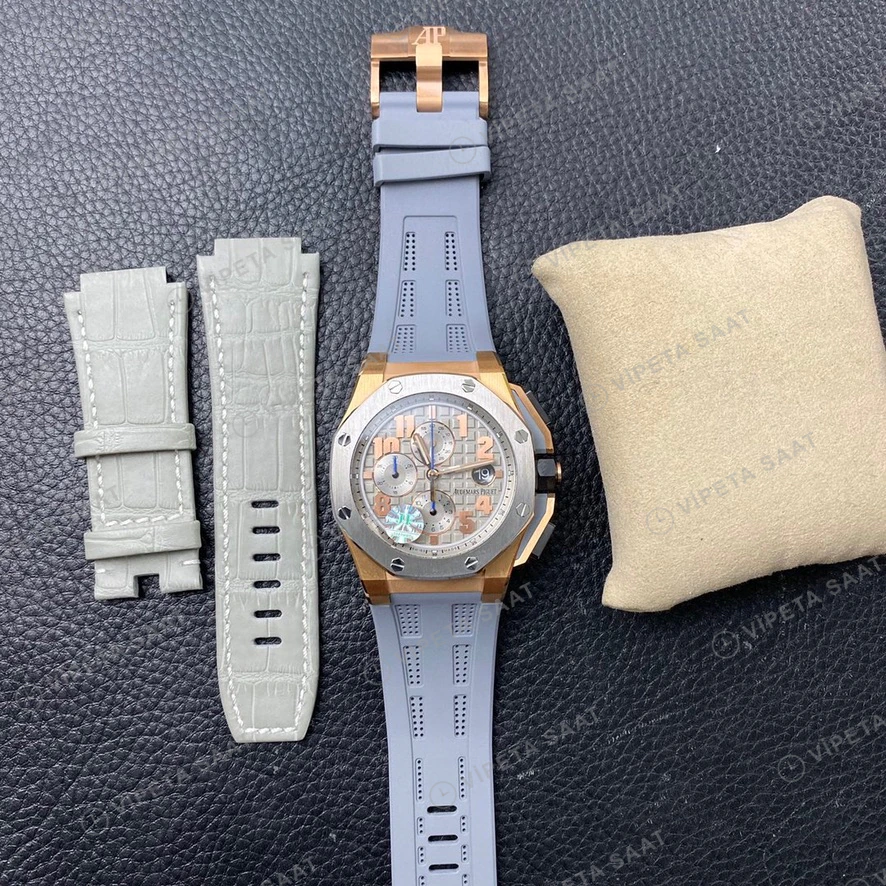 Audemars Piguet Royal Oak Offshore Chronograph Rose Altin Kasa Celik Bezel Gri Kadran Gri Kaucuk Kordon Super Clone Eta Eta Saat detay 9