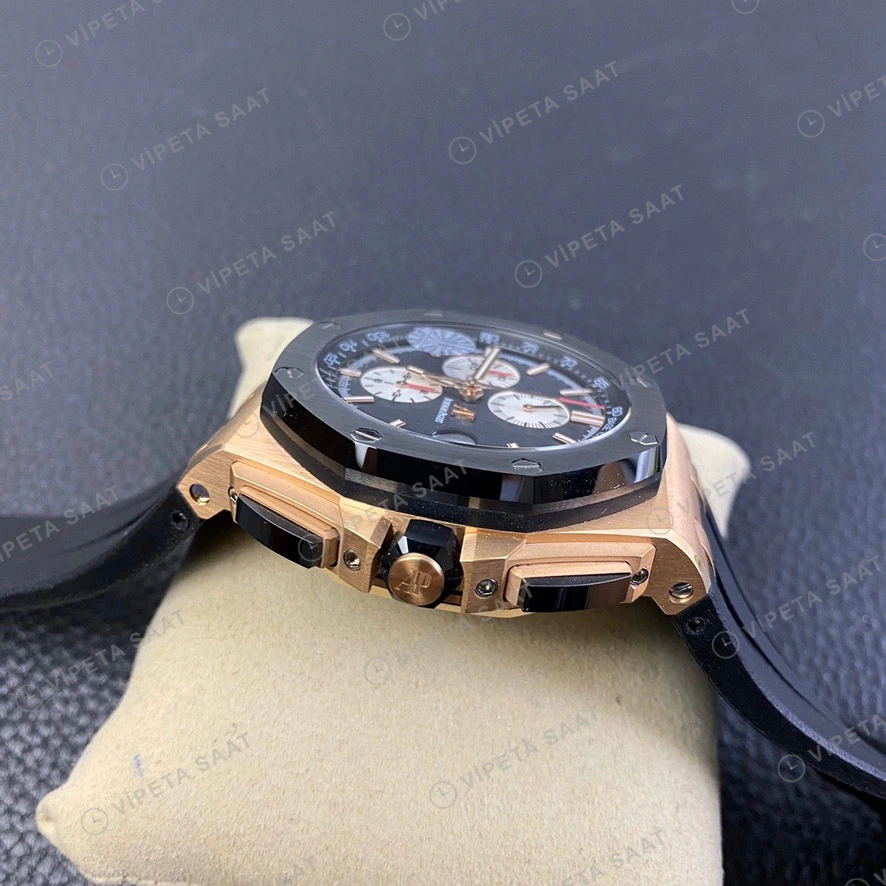 Audemars Piguet Royal Oak Offshore Chronograph Rose Altin Kasa Siyah Seramik Bezel Siyah Kadran Siyah Kaucuk Kordon Super Clone Eta Eta Saat detay 3