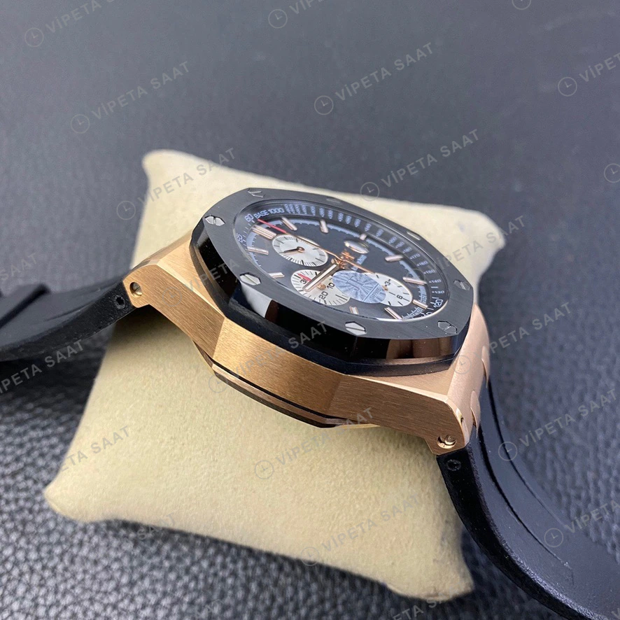 Audemars Piguet Royal Oak Offshore Chronograph Rose Altin Kasa Siyah Seramik Bezel Siyah Kadran Siyah Kaucuk Kordon Super Clone Eta Eta Saat detay 4