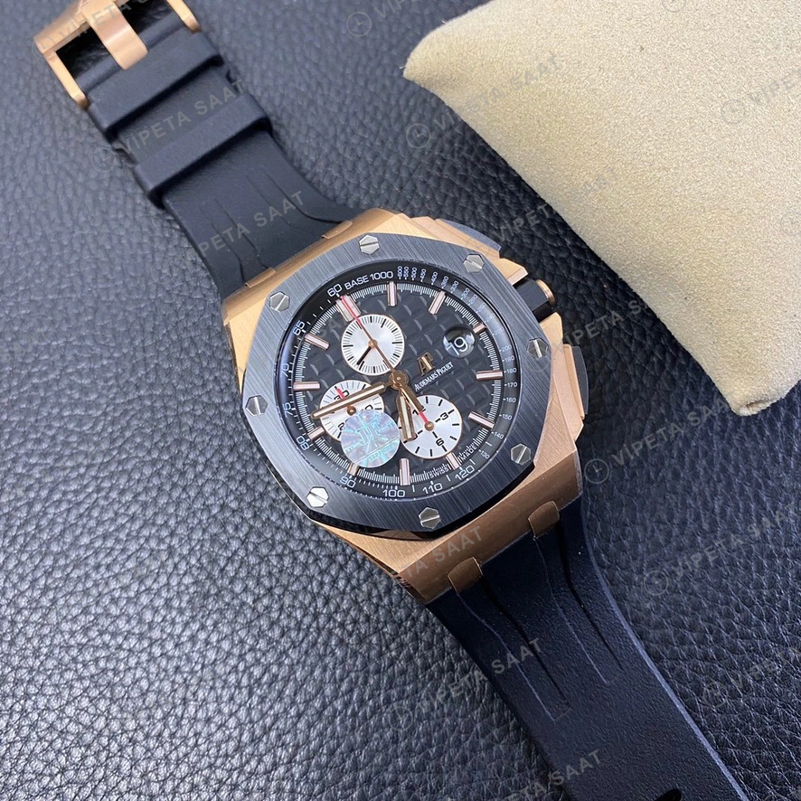 Audemars Piguet Royal Oak Offshore Chronograph Rose Altin Kasa Siyah Seramik Bezel Siyah Kadran Siyah Kaucuk Kordon Super Clone Eta Eta Saat detay 6