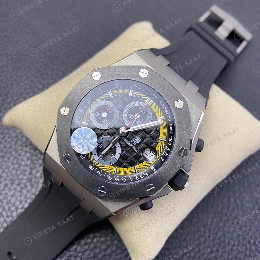 Audemars Piguet Royal Oak Offshore Chronograph Siyah Kadran Sari Detay Seramik Bezel Titanyum Kasa Siyah Kaucuk Kordon Super Clone Eta Eta Saat detay 7
