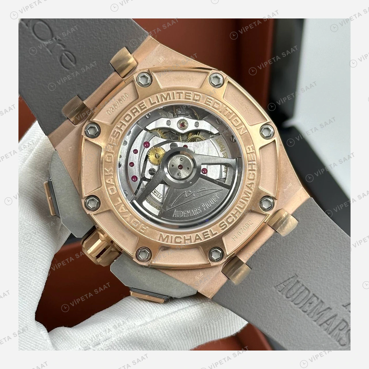 Audemars Piguet Royal Oak Offshore Gri Skeleton Rose Gold Kauçuk Super Clone ETA Eta Saat detay 5