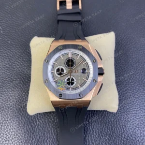 Audemars Piguet Royal Oak Offshore Rose Kasa Seramik Bezel Gri Kadran Siyah Kaucuk Kordon Super Clone Eta Eta Saat karşıdan görünüm