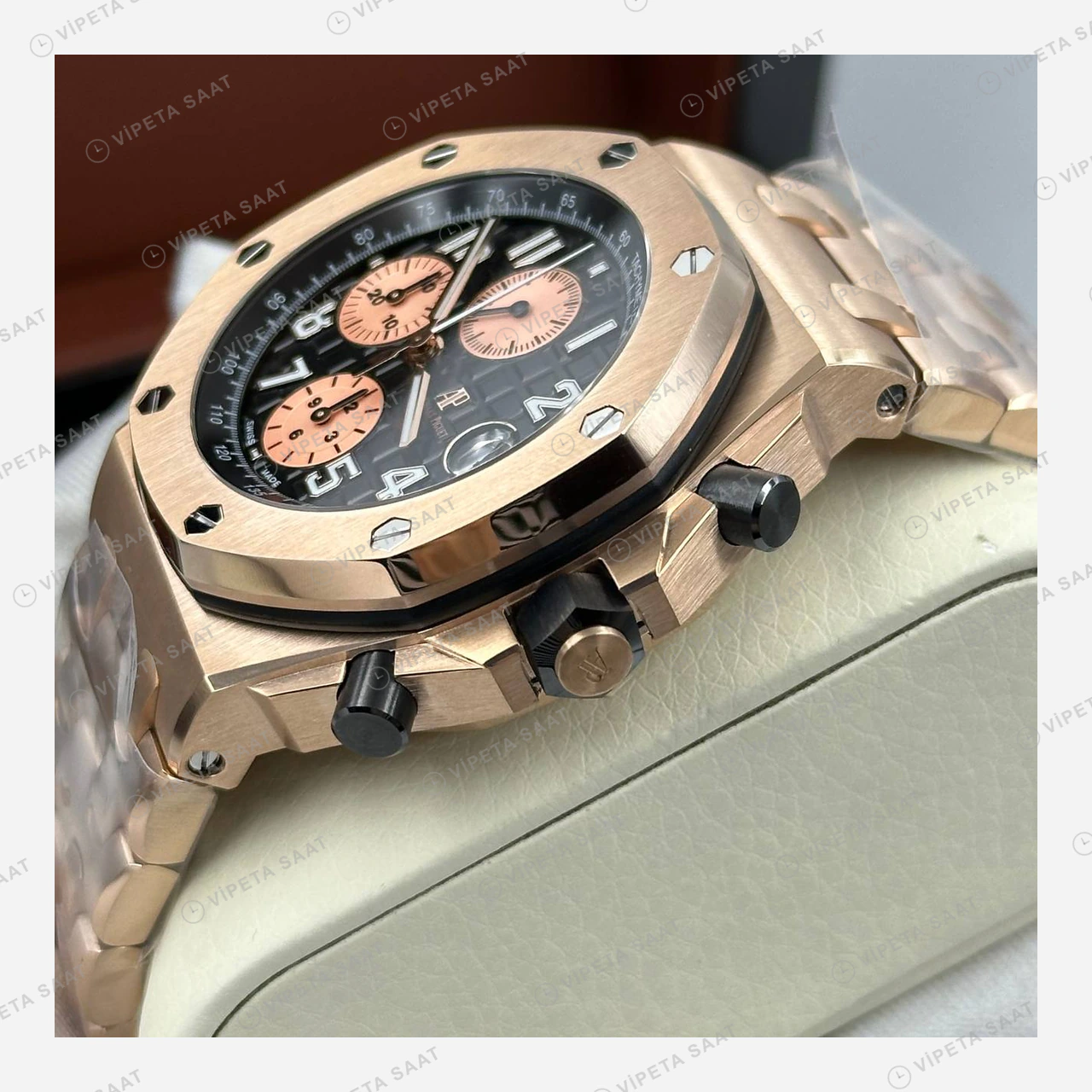 Audemars Piguet Royal Oak Offshore Siyah Rose Gold Kronograf Çelik Super Clone ETA Eta Saat detay 3