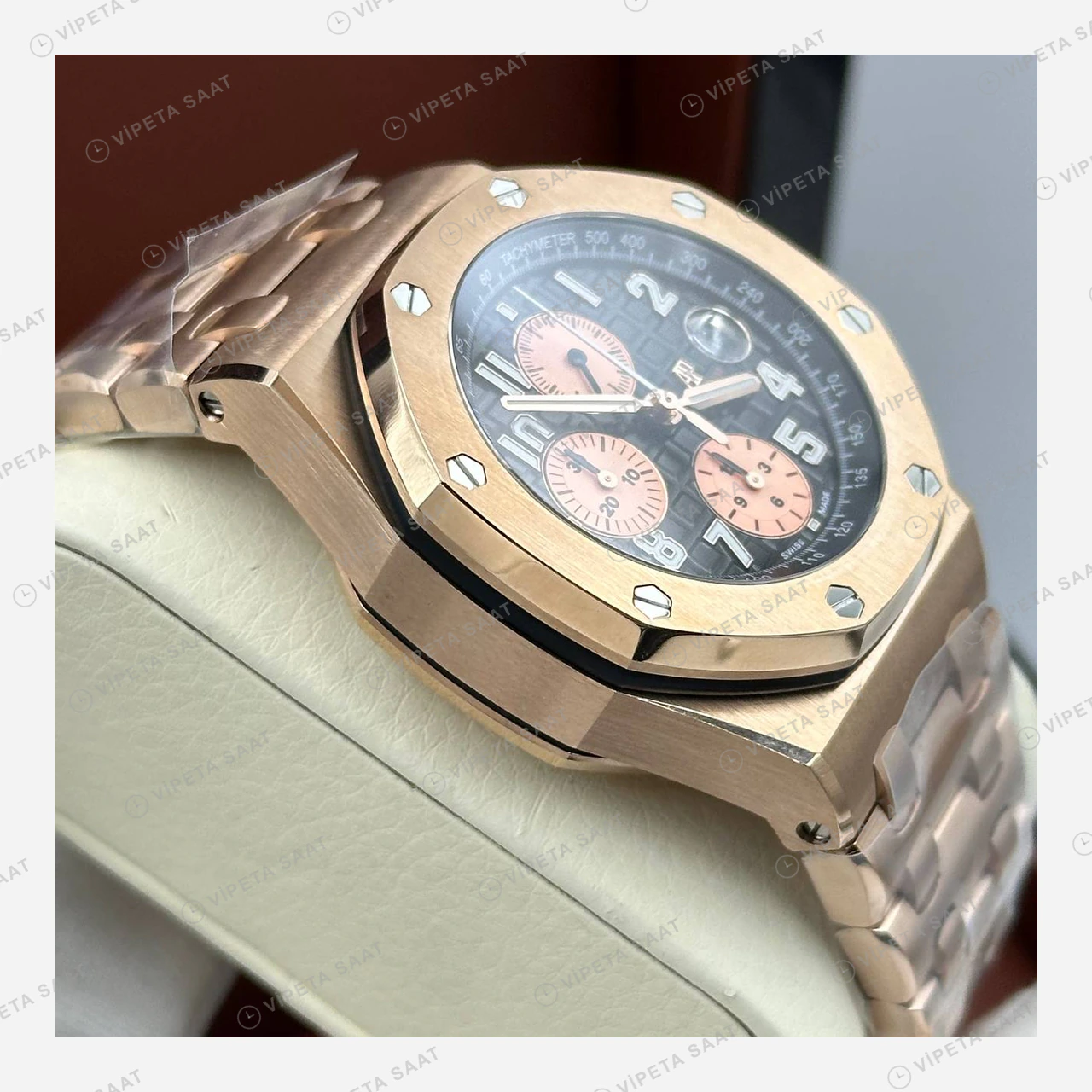 Audemars Piguet Royal Oak Offshore Siyah Rose Gold Kronograf Çelik Super Clone ETA Eta Saat detay 4