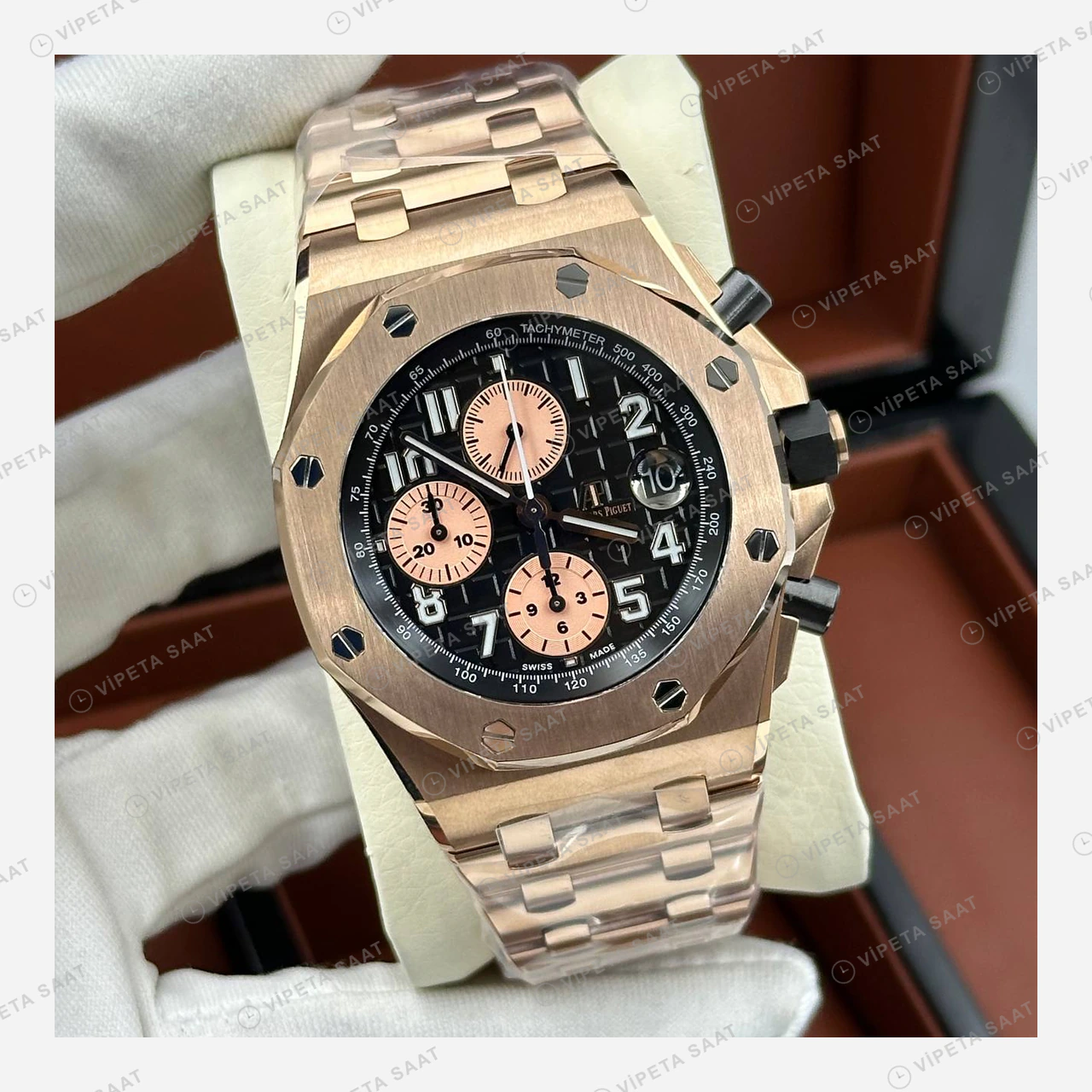 Audemars Piguet 26470OR Siyah Kadranlı Kronograf Rose Gold Bilezik Super Clone ETA Saat ürün görseli 1