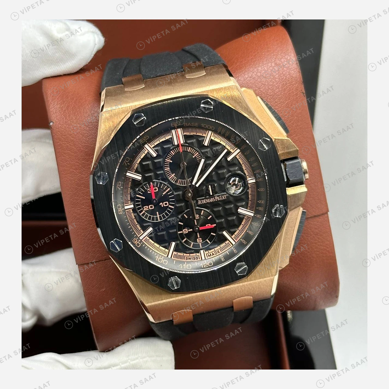 Audemars Piguet 26401OR Siyah Kadranlı Skeleton Kronograf Rose Gold Kauçuk Super Clone ETA Saat ürün görseli 1