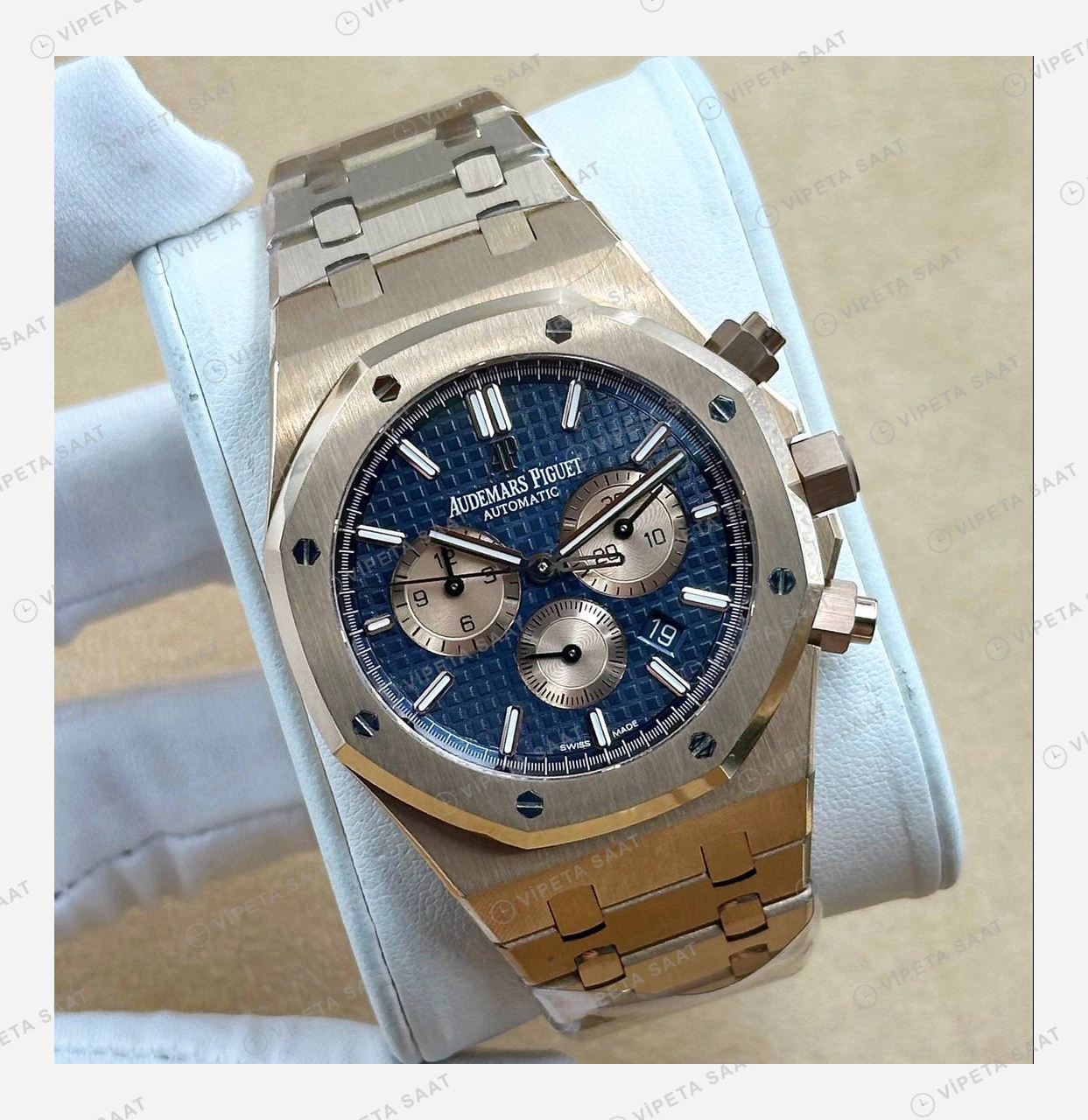 Audemars Piguet Royal Oak Rose Çelik Mavi Kronograf Çift Renk Super Clone ETA Eta Saat detay 6