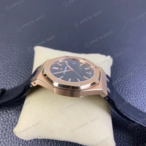 Audemars Piguet Royal Oak Siyah Kadran Rose Kasa Siyah Deri Kordon Super Clone Eta Saat görünüm 1