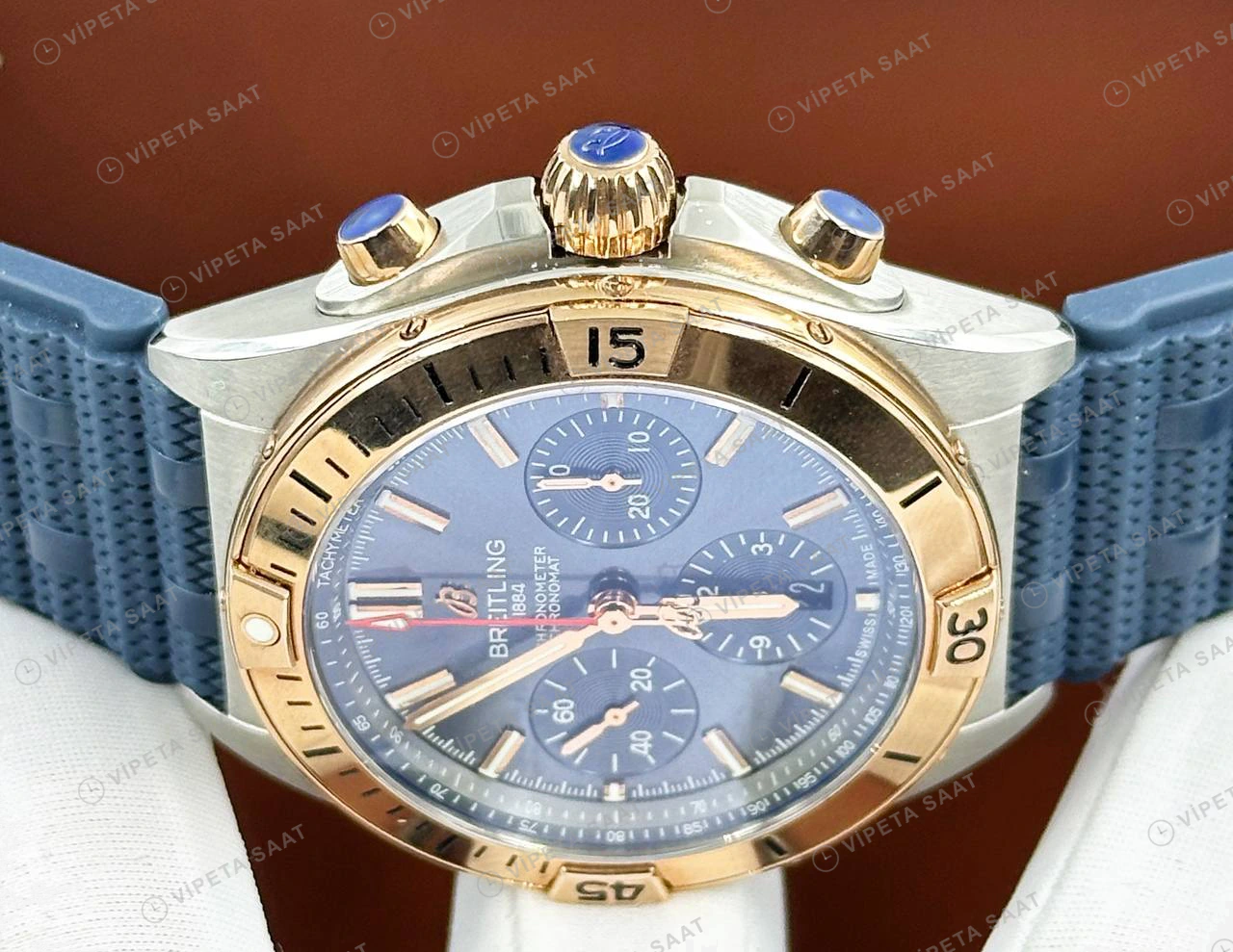 Breitling Chronomat B01 42 mm Gümüş Kronograf Mavi Nato AB0134101G1A1 Super Clone ETA Eta Saat detay 4