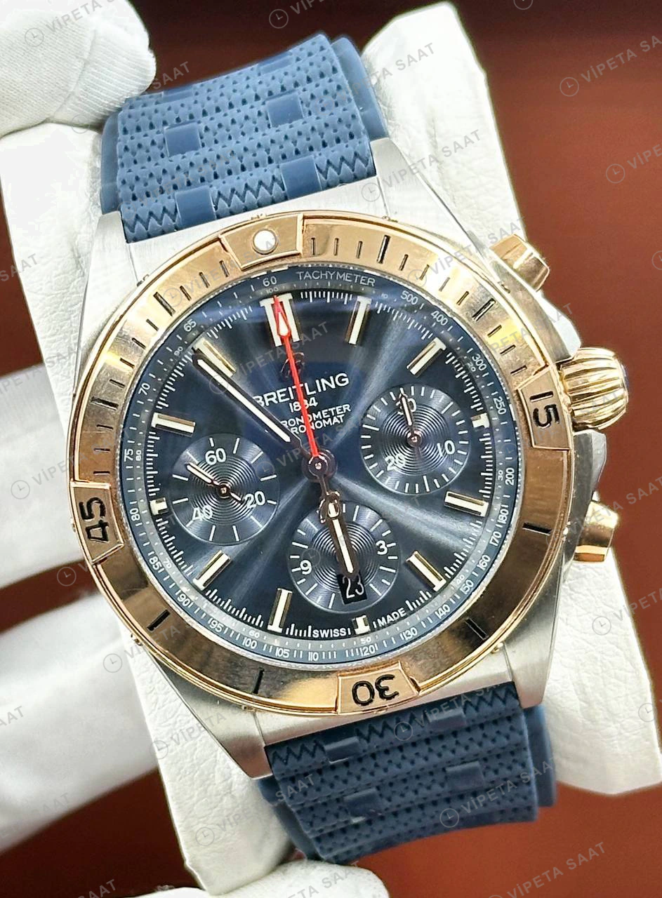 Breitling Chronomat B01 42 mm Gümüş Kronograf Mavi Nato AB0134101G1A1 Super Clone ETA Eta Saat detay 6