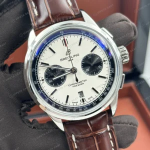 Breitling Premier B01 42 mm Beyaz Kronograf Kahve Deri AB0118221L1P1 Super Clone ETA Eta Saat detay 4