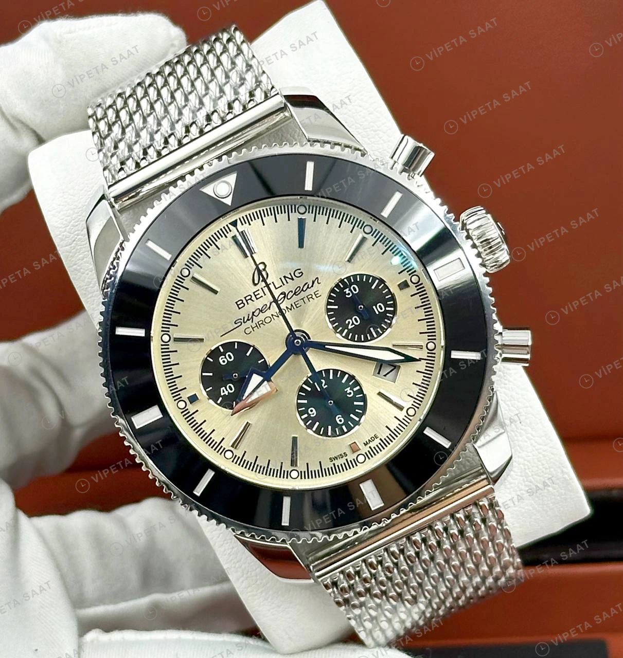 Breitling Superocean Heritage B01 42 mm Krem Kronograf Hasır Kordon AB0162121E1S1 Super Clone ETA Eta Saat detay 6