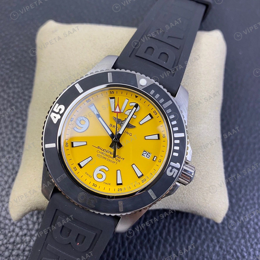 Breitling Superocean Sari Kadran Siyah Kaucuk Kordon Super Clone Eta Eta Saat detay 4