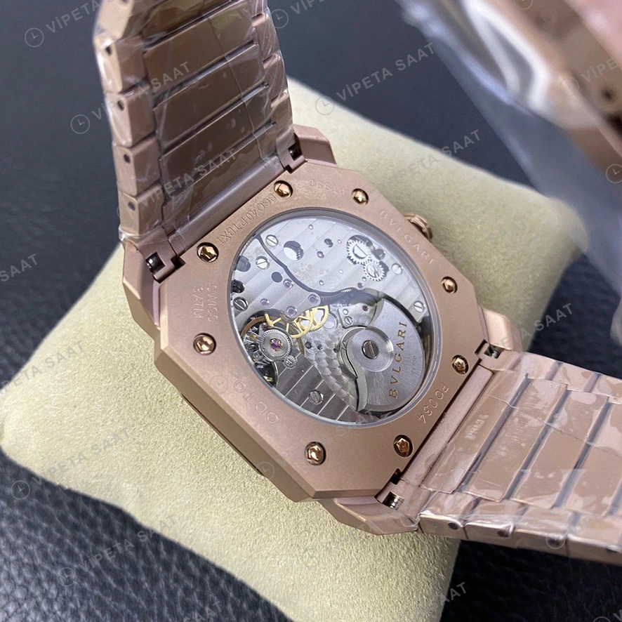 Bvlgari GMT-Master II Octo Finissimo Rose Kasa Sampanya Kadran Celik Kordon Gümüş Kadran Super Clone Eta Eta Saat detay 4