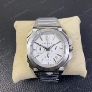 Bvlgari Octo Finissimo Kronograf Beyaz Kadran Celik Kordon Super Clone Eta Eta Saat karşıdan görünüm
