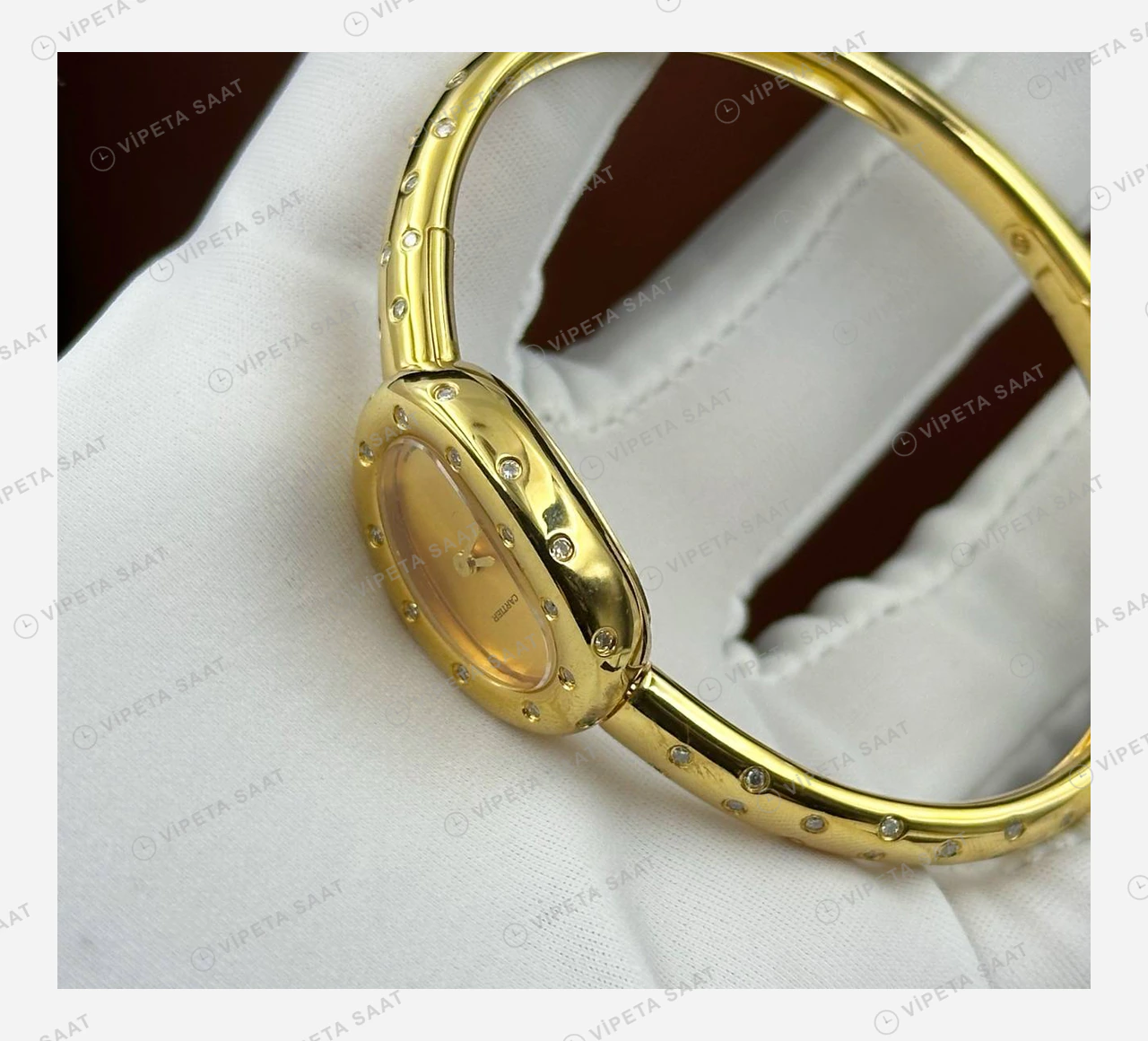 Cartier Baignoire Altın Sarı Oval Bilezik Super Clone ETA Eta Saat detay 3