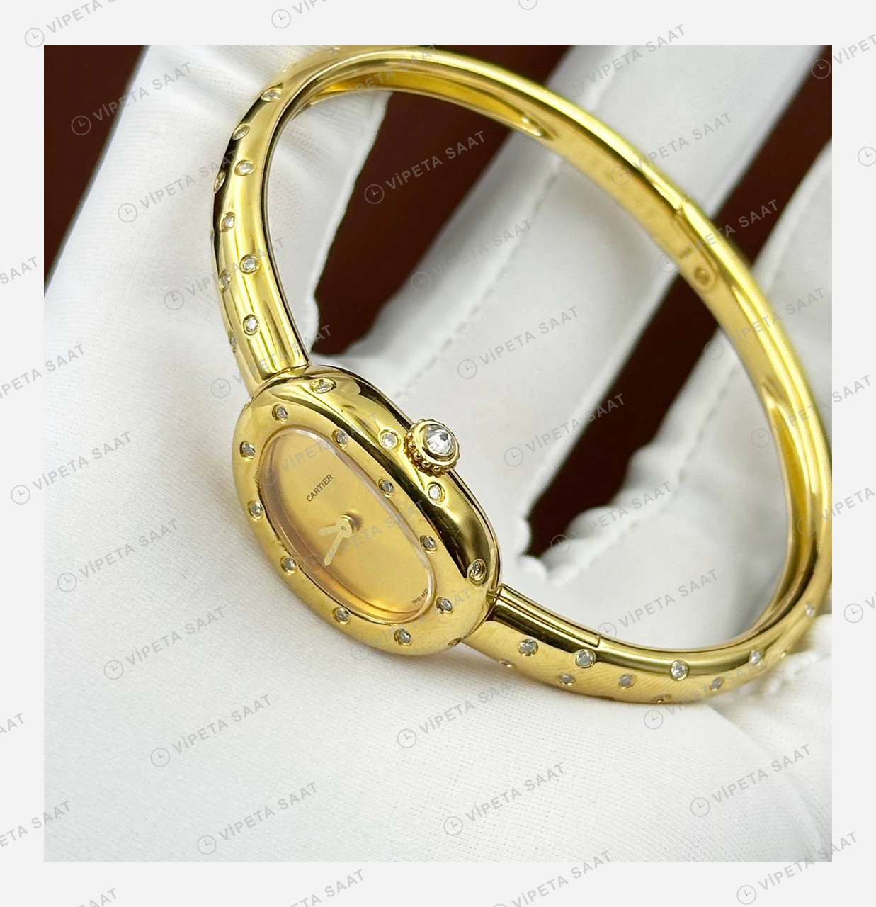Cartier Baignoire Altın Sarı Oval Bilezik Super Clone ETA Eta Saat detay 5