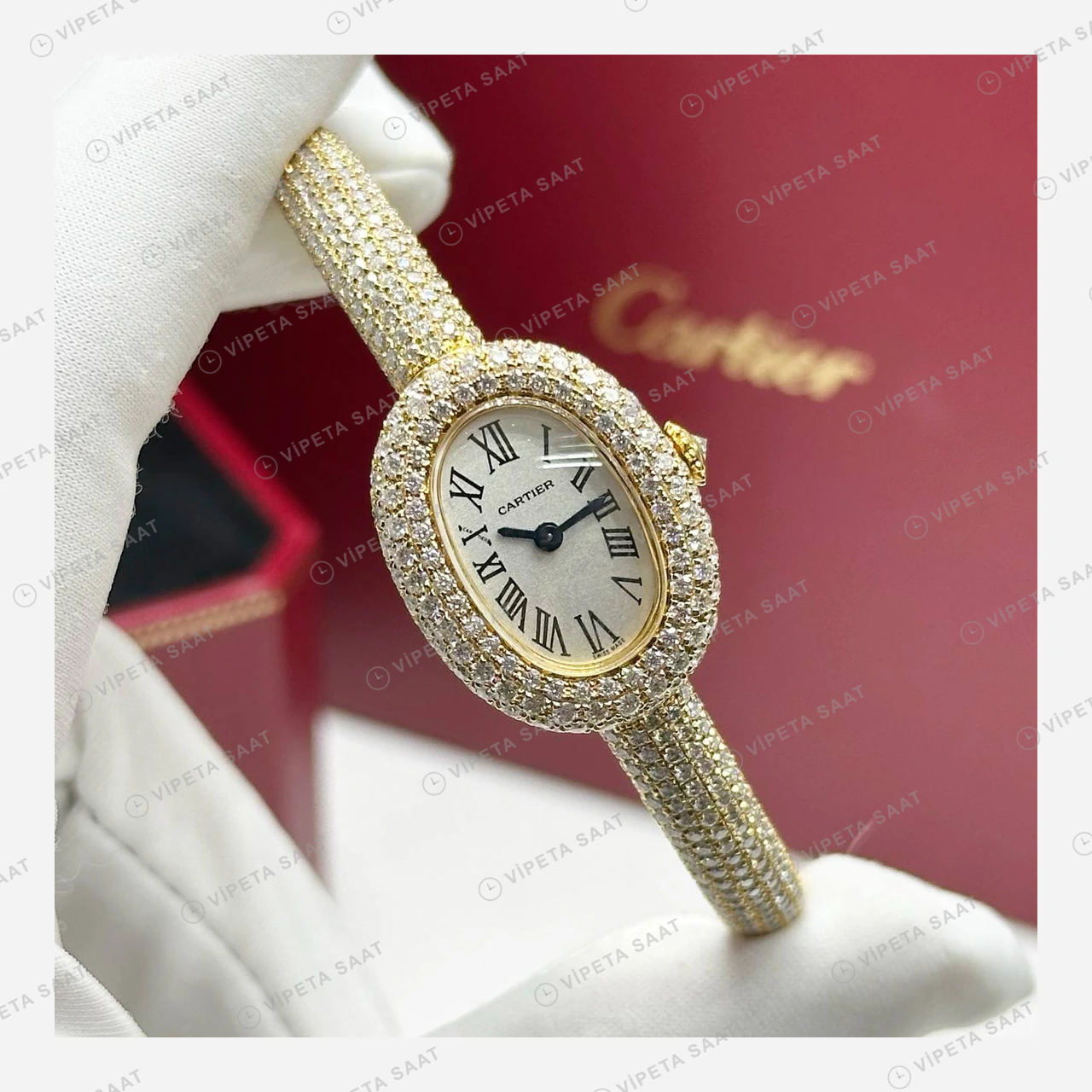 Cartier Baignoire Elmas Taşlı Bilezik Oval Super Clone ETA Eta Saat detay 4