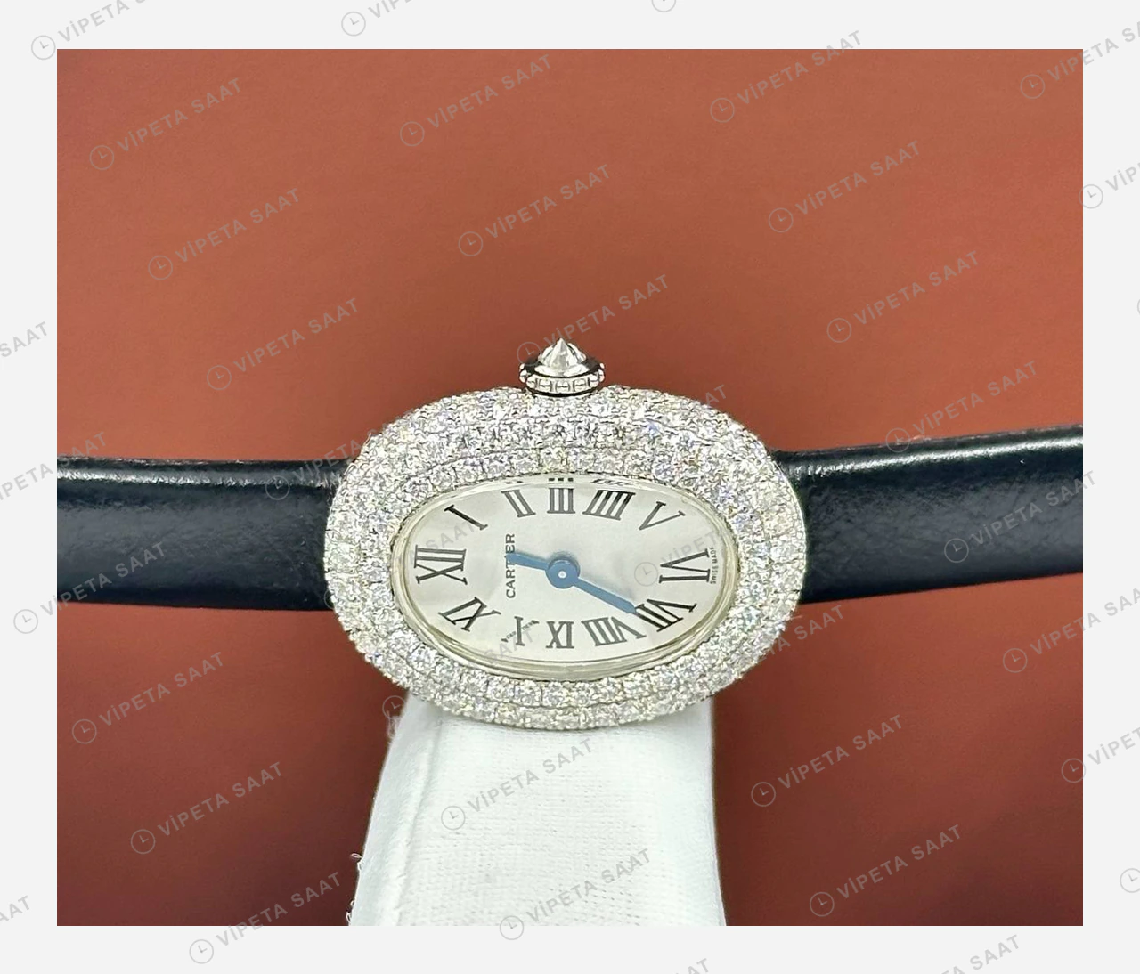 Cartier Baignoire Elmas Taşlı Deri Oval Super Clone ETA Eta Saat detay 4