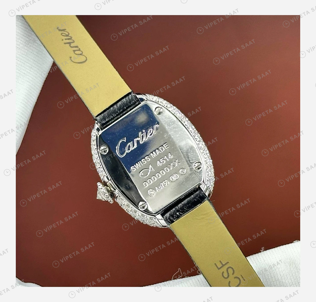 Cartier Baignoire Elmas Taşlı Deri Oval Super Clone ETA Eta Saat detay 6