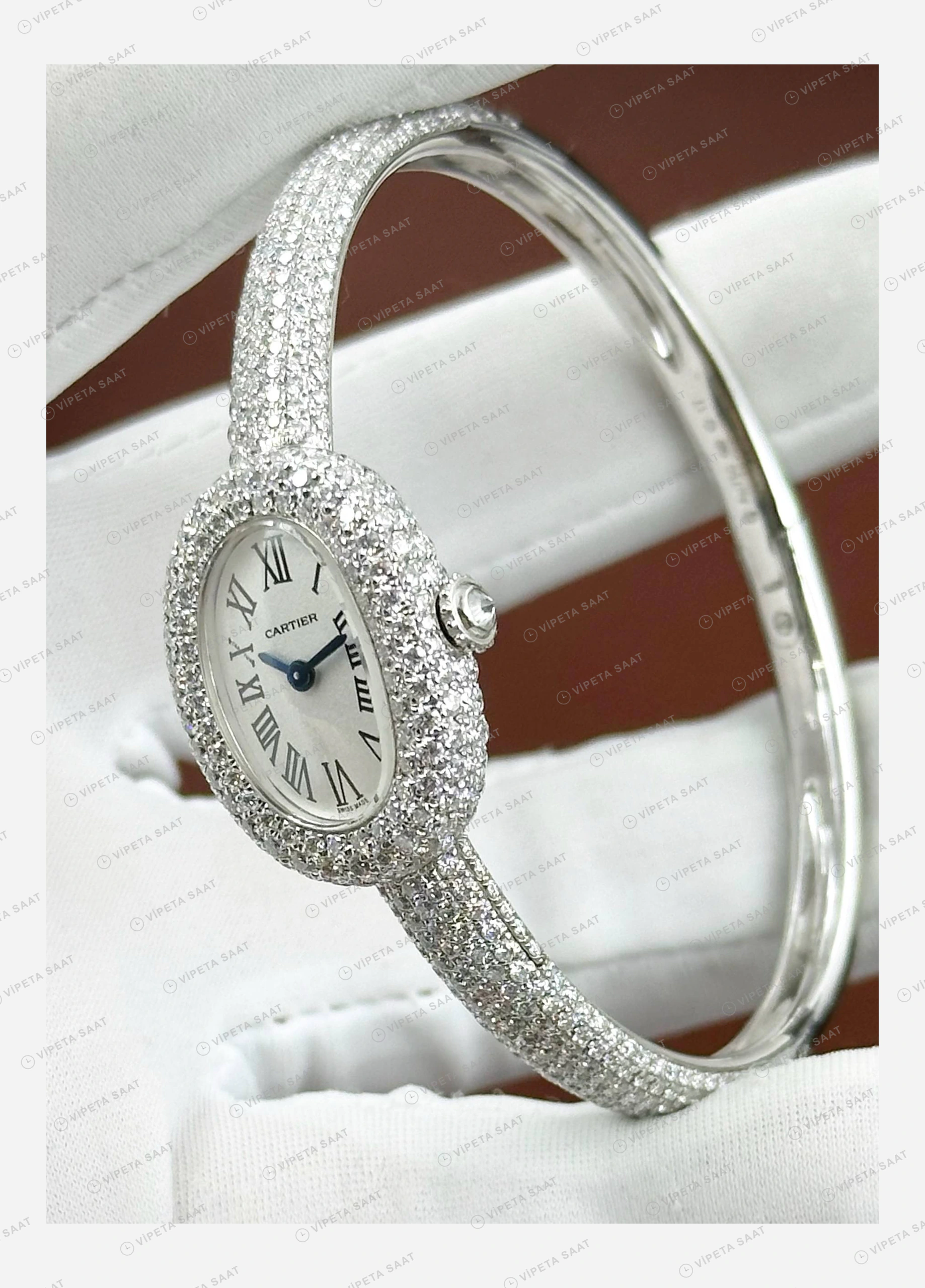 Cartier Baignoire Elmas Taşlı Oval Çelik Super Clone ETA Eta Saat detay 5