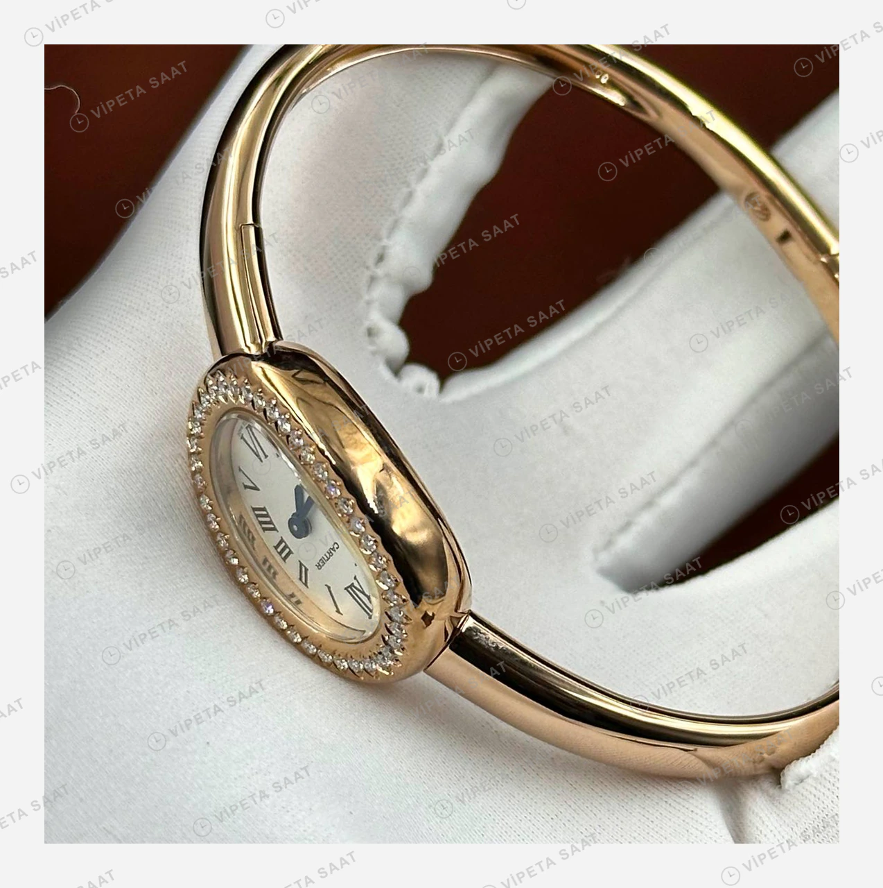 Cartier Baignoire Rose Elmas Oval Bilezik Super Clone ETA Eta Saat detay 4