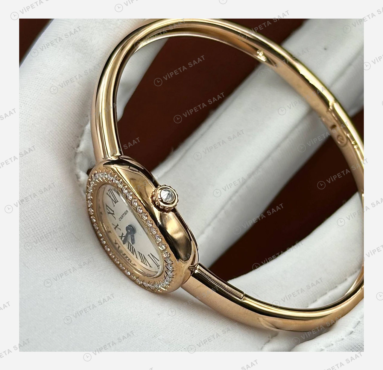 Cartier Baignoire Rose Elmas Oval Bilezik Super Clone ETA Eta Saat detay 5