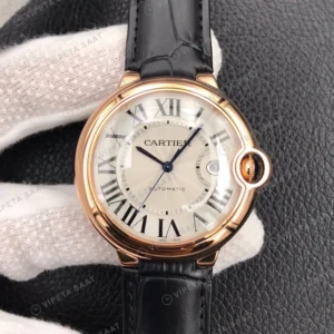 Cartier Ballon Bleu Beyaz Kadran Rose Kasa Siyah Deri Super Clone Eta Eta Saat karşıdan görünüm
