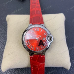 Cartier Ballon Bleu Celik Kasa Kirmizi Kadran Kirmizi Deri Kordon Super Clone Eta Eta Saat karşıdan görünüm