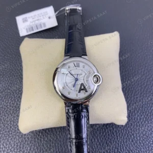 Cartier Ballon Bleu Gumus Kadran Siyah Deri Kordon Super Clone Eta Eta Saat karşıdan görünüm