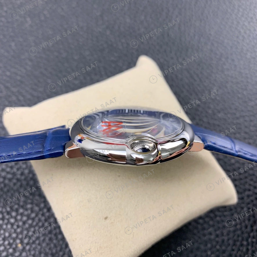 Cartier Ballon Bleu Mavi Kadran Mavi Deri Kordon Super Clone Eta Eta Saat detay 4