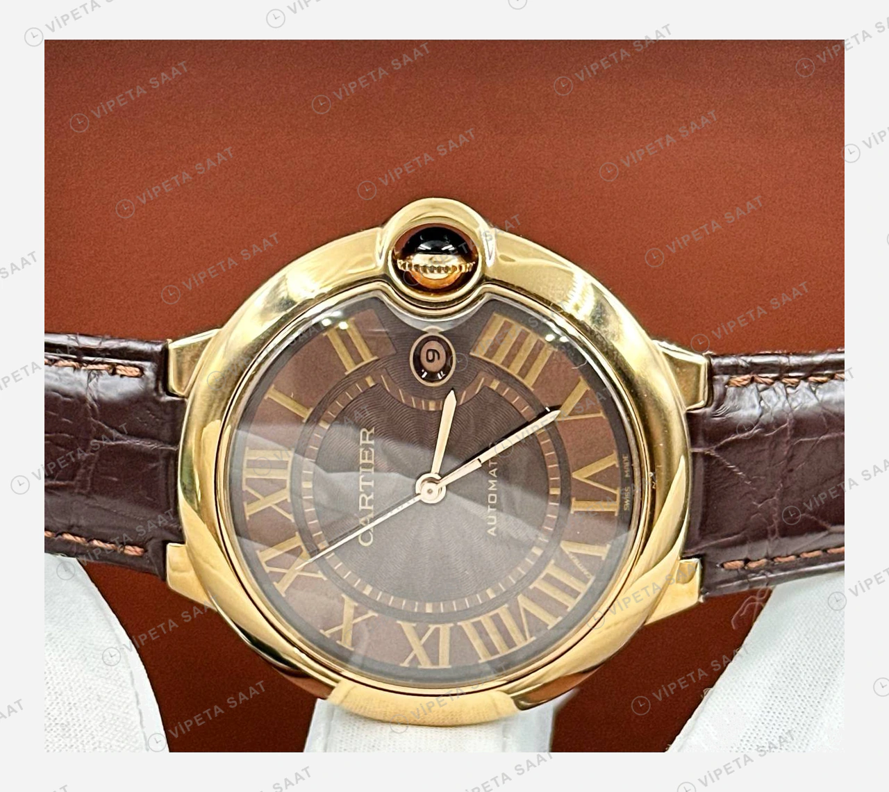 Cartier Ballon Bleu Rose Gold Kahve Kadran Deri Roman Super Clone ETA Eta Saat detay 3