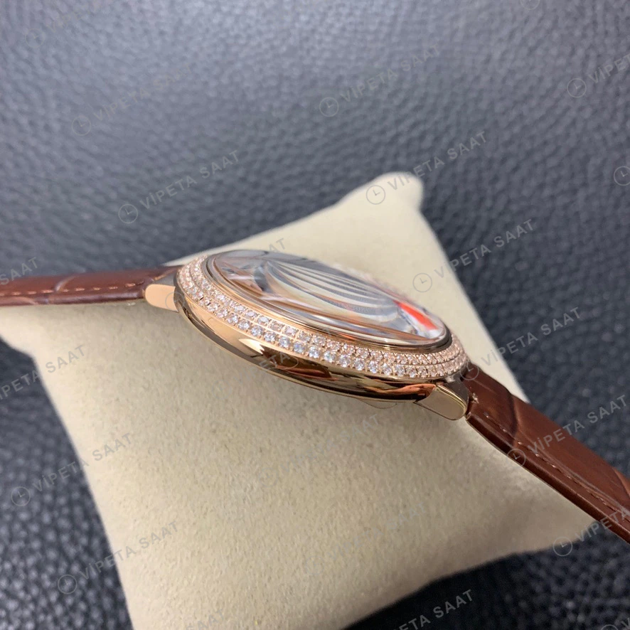 Cartier Ballon Bleu Rose Kasa Baget Bezel Gumus Kadran Kahverengi Deri Kordon Super Clone Eta Saat görünüm 11