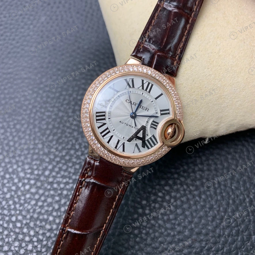 Cartier Ballon Bleu Rose Kasa Baget Bezel Gumus Kadran Kahverengi Deri Kordon Super Clone Eta Saat görünüm 12
