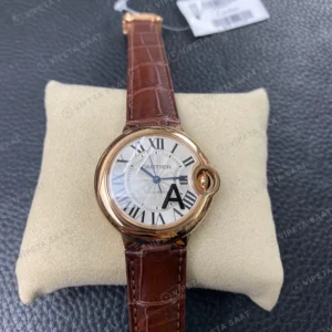 Cartier Ballon Bleu Rose Kasa Gumus Kadran Kahverengi Deri Kordon Super Clone Eta Eta Saat karşıdan görünüm