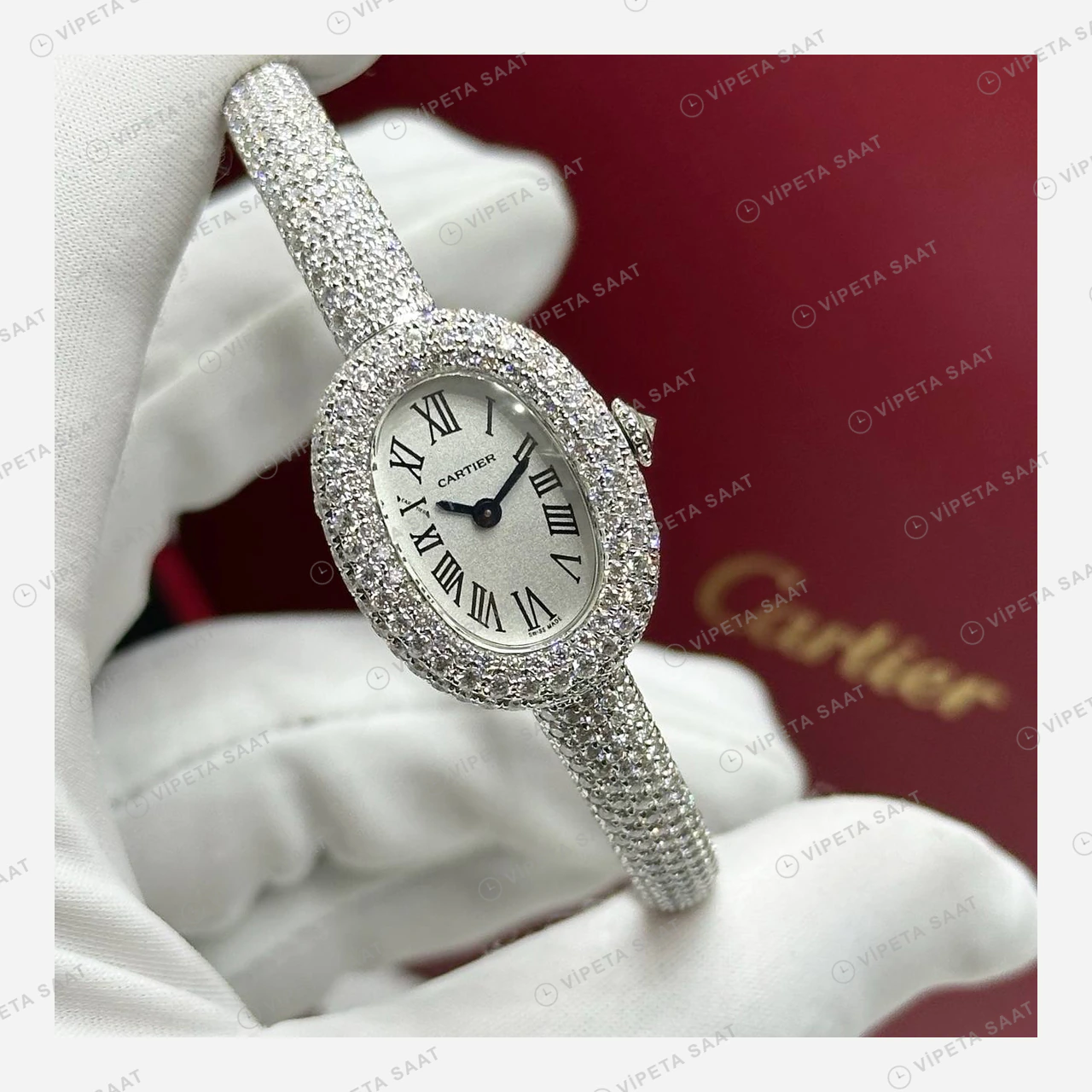 Cartier Lady Elmas Taşlı Deri Roman Super Clone ETA Eta Saat detay 3
