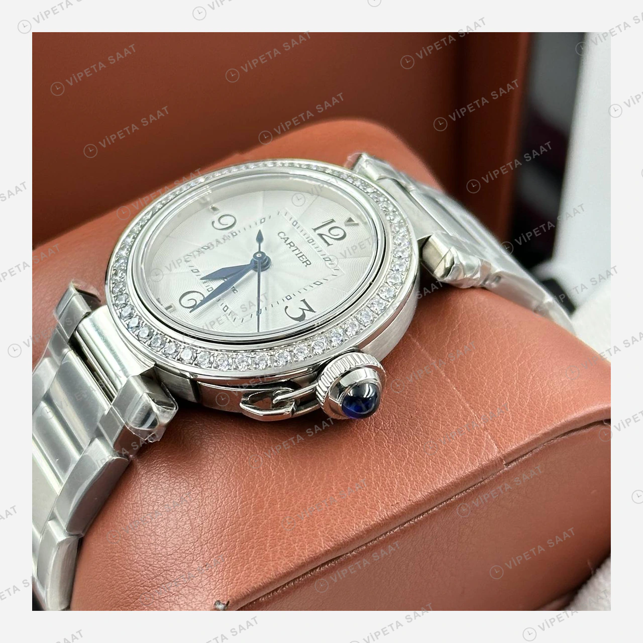 Cartier Pasha Beyaz Elmas Taşlı Çelik Super Clone ETA Eta Saat detay 5