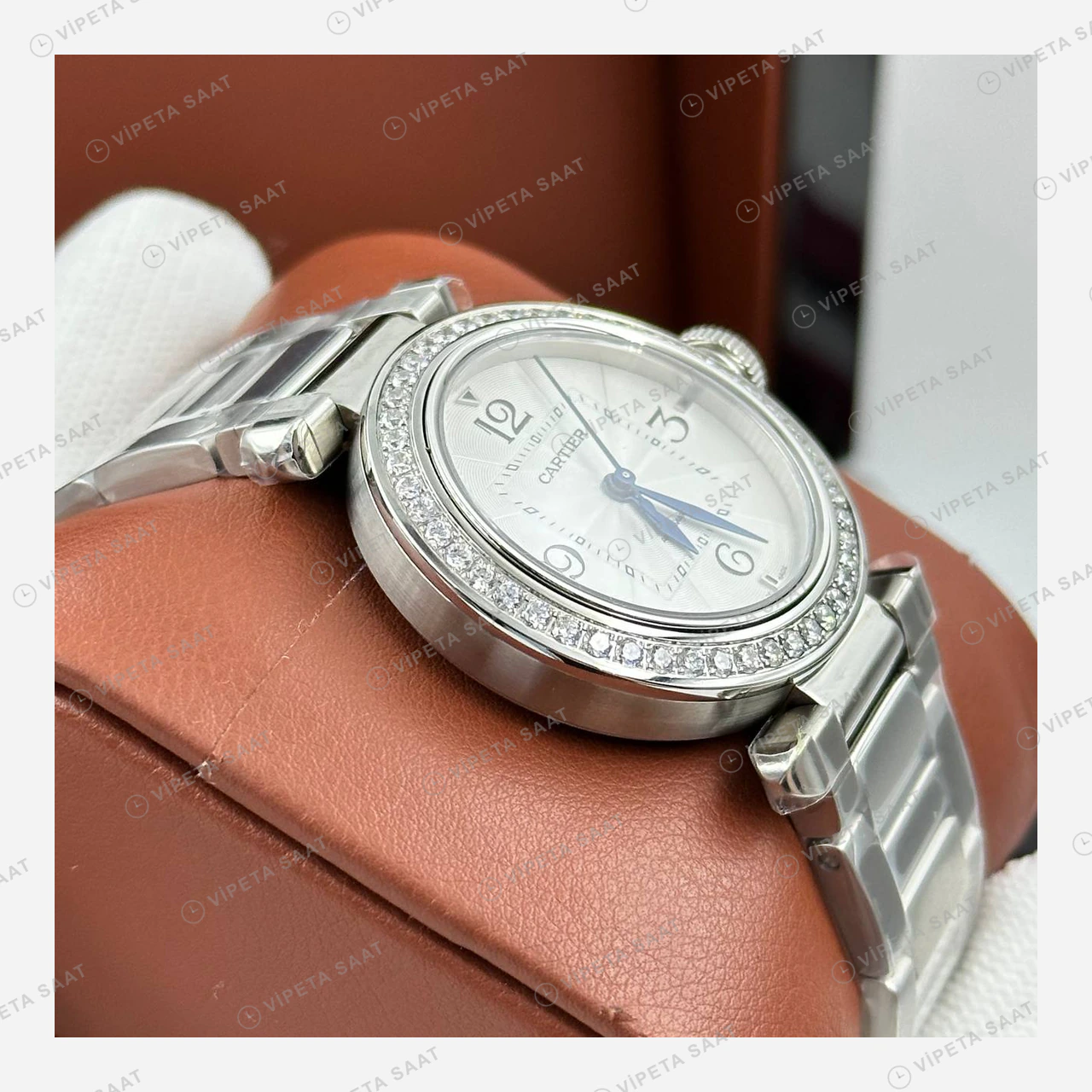 Cartier Pasha Beyaz Elmas Taşlı Çelik Super Clone ETA Eta Saat detay 6