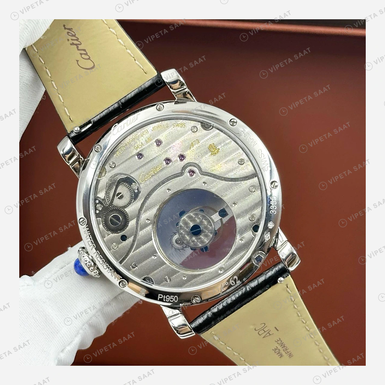 Cartier Ronde Mavi Guilloche Tourbillon Deri Super Clone ETA Eta Saat detay 6