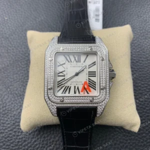 Cartier Santos 100 Beyaz Kadran Baget Bezel Siyah Deri Kordon Super Clone Eta Eta Saat yan görünüm