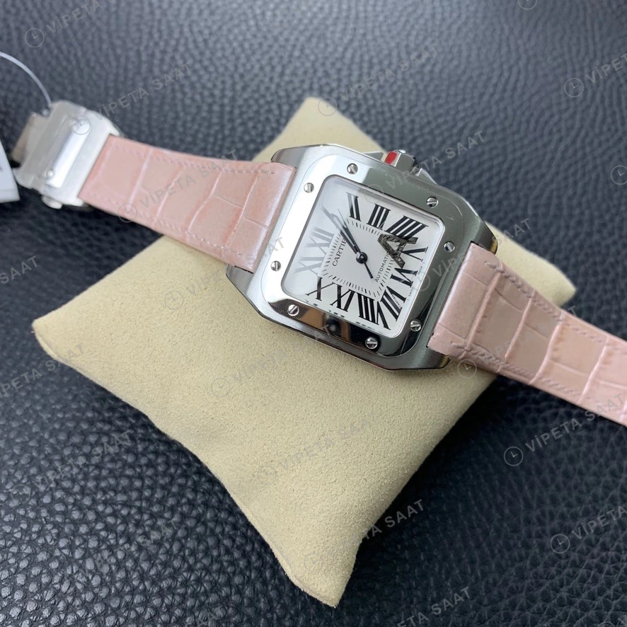 Cartier Santos 100 Beyaz Kadran Pembe Deri Kordon Super Clone Eta Eta Saat detay 3