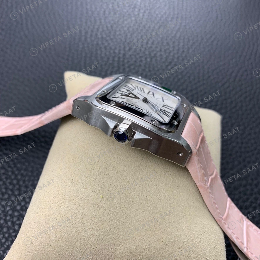 Cartier Santos 100 Beyaz Kadran Pembe Deri Kordon Super Clone Eta Eta Saat detay 5