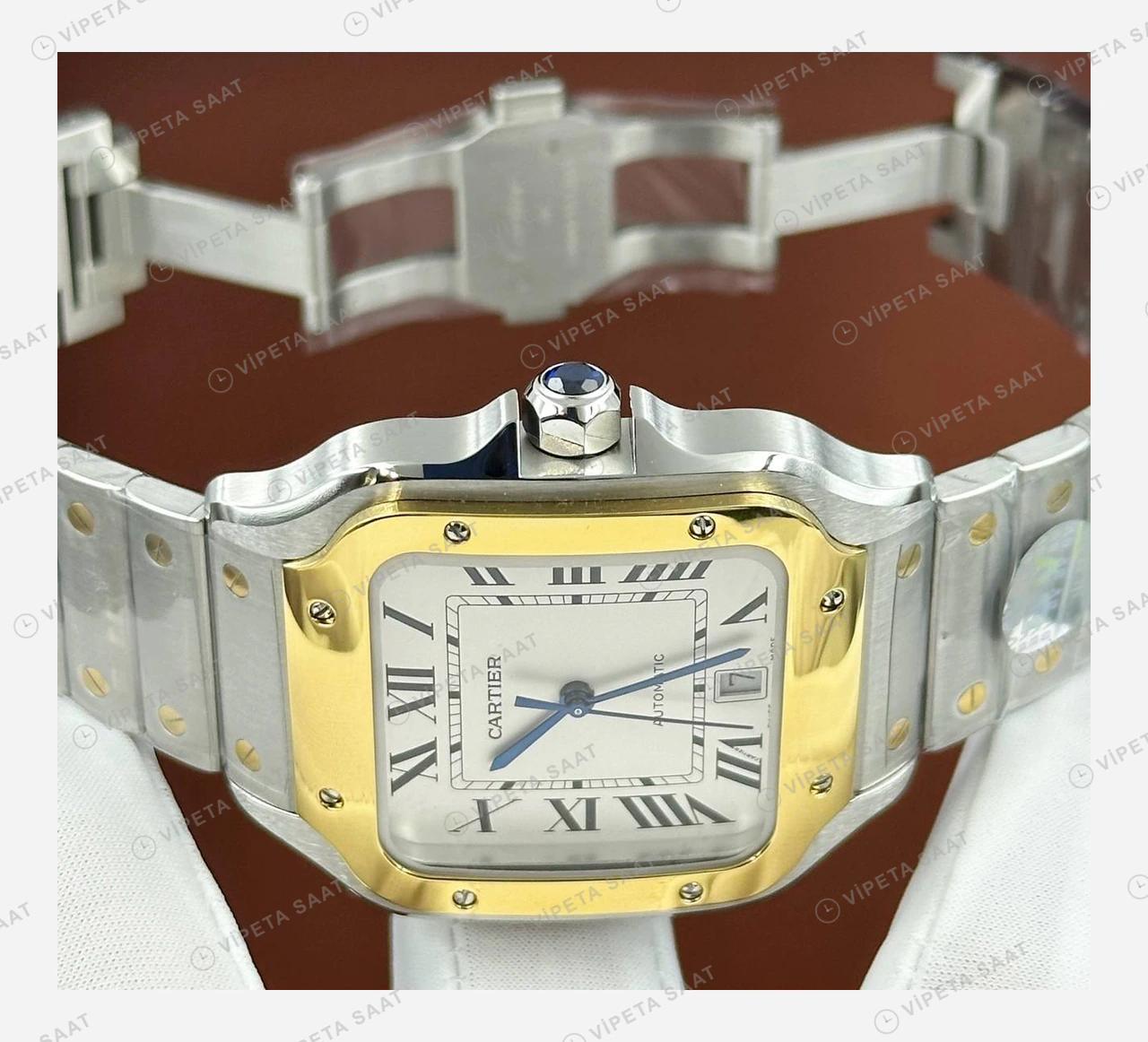 Cartier Santos Beyaz Altın Bezel Çift Renk Super Clone ETA Eta Saat detay 3