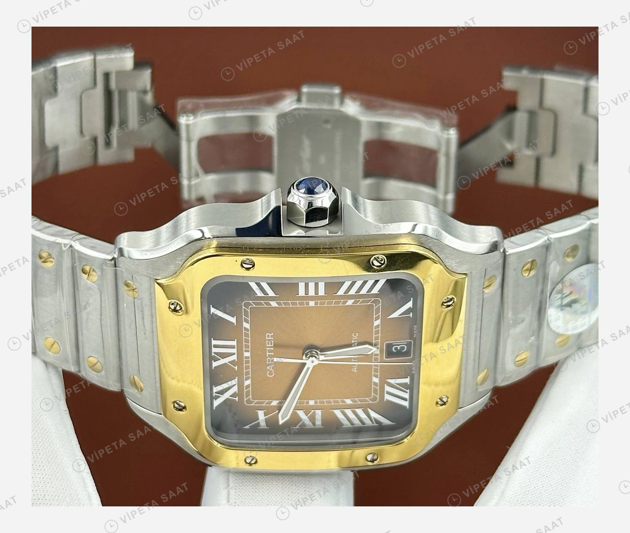 Cartier Santos Beyaz Altın Çift Renk Kadran Super Clone ETA Eta Saat detay 4